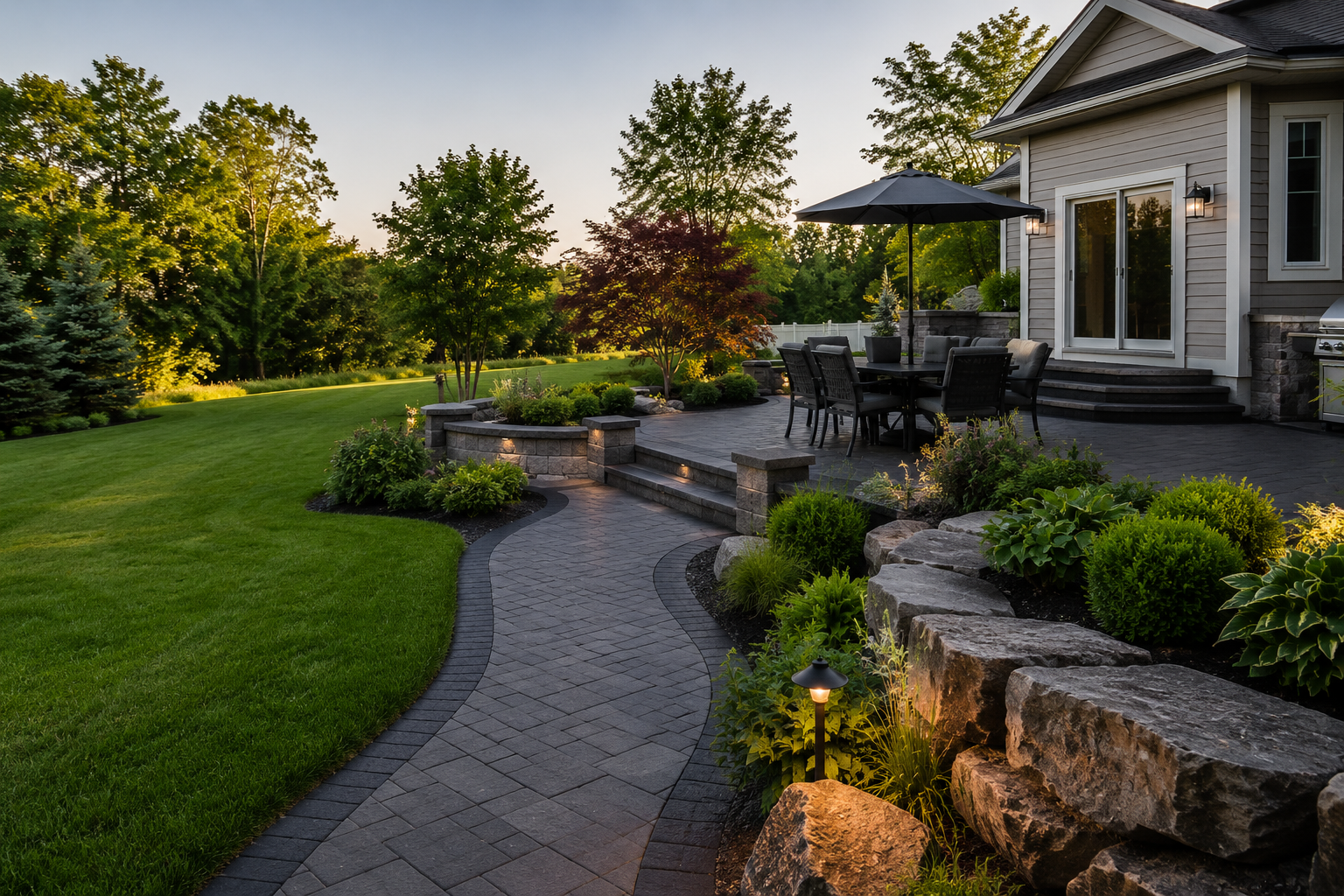 Professional paver patio, landscaping and outdoor lighting